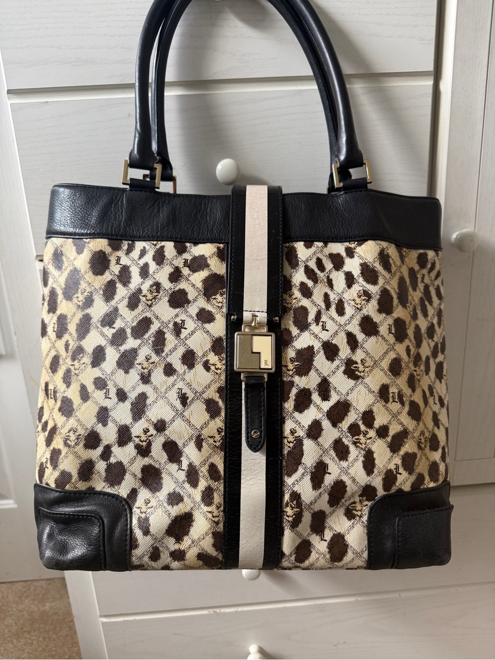 L.A.M.B by Gwen Stefani Leopard Print Canvas & Leather Tote Bag Y2K - Picture 6 of 7